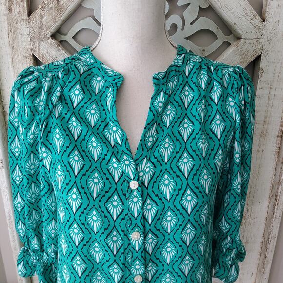 NY Collection Women's Petite Short Balloon Sleeve Button Front Blouse Top Geo - Picture 3 of 11